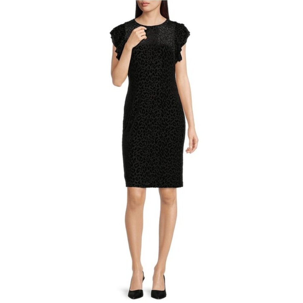 NWT TOMMY HILFIGER Flutter Short Sleeve Velvet Leopard Print Sheath Dress Sz 8